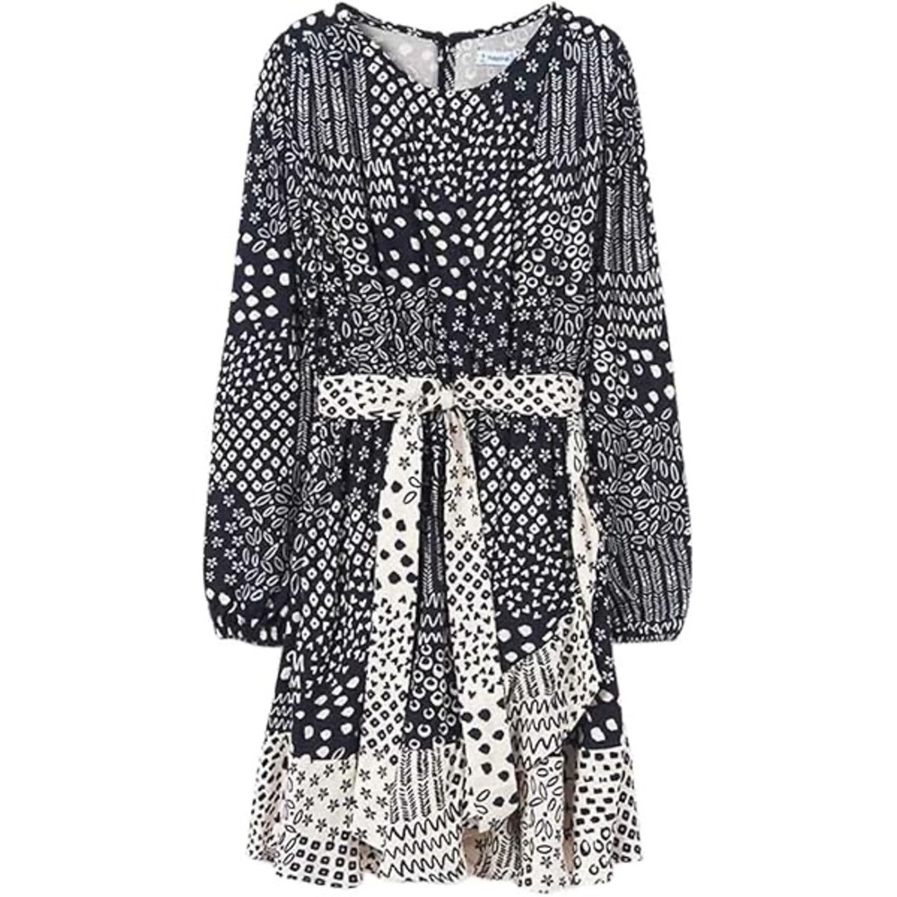 Mayoral Girls Black and White Long Sleeve Floral Dress